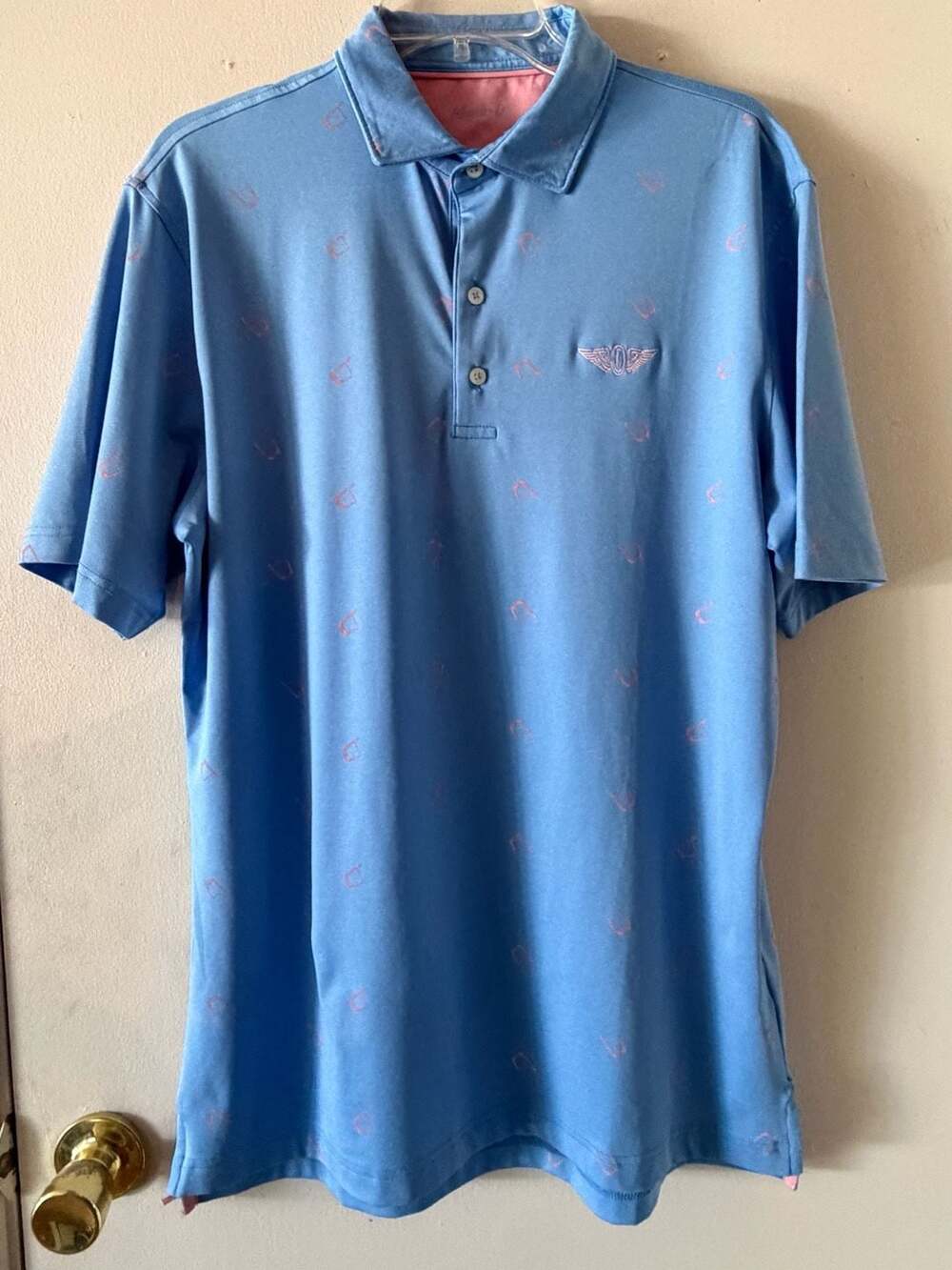 johnnie-O Men’s Blue Performance Golf Polo Shirt Pink Cocktail Print Size Medium
